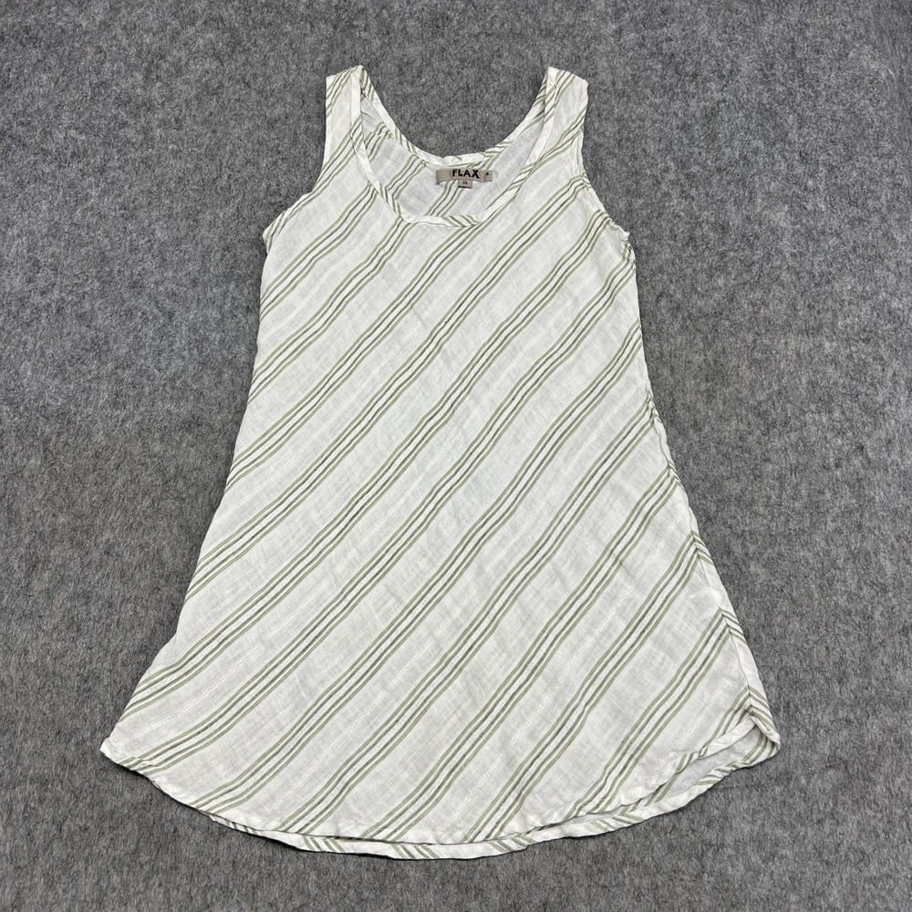 FLAX Dress Womens Small White Green Stripe Linen Sleeveless A Line Tank